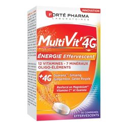 Forté Pharma - Multivit' 4G Energie Effervescent - Complément Alimentaire Forme, Tonus, Fatigue - Vitamine C, Vitamine D, Ginseng, Gelée Royale, Magnésium, Zinc, Minéraux - 30 Comprimés, 1/jour