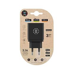 Cargador tech one tech 3.1 pared triple para iphone/micro usb/type-c color negro