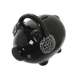 FIGURA HUCHA CERDO C/AURICULARES CERÁMICA NEGRA_16X11,5X13,5CM