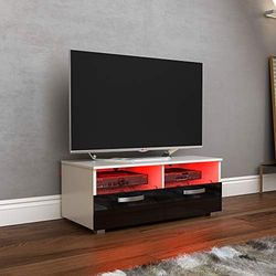 Vida Designs Vogue LED TV Mobile 2 Cassetti Modern Gloss Matte MDF Mobile Living Room Cabinet Media Stand Furniture RGB Light White & Black, H 38.5 x L 100 x P 45.5 cm Circa