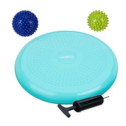 Relaxdays wiebelkussen met massageballen, balanskussen, Ø 32 cm, 2 egelballen, tot 140 kg, zitkussen, turquoise