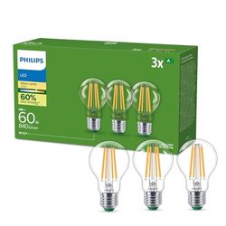 Philips, lot de 3 ampoules LED classe énergétique A, culot E27 équivalent 60W, Blanc chaud 2700K, claire