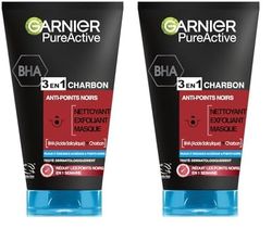 Garnier Maschera Punti Neri, Detergente e Scrub Viso Pure Active Intense 3 in 1 con Carbone Vegetale, 150 ml (Confezione da 2)