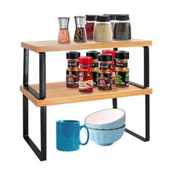 Avilia Set van 2 planken voor de keuken, elegant design van bamboe en zwart metaal, rek voor specerijen en glazen, grote ruimtebesparende opbergruimte 40 x 19,5 x 15,5 cm