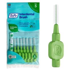 Escova interdental TePe, original, verde, 0,8 mm/ISO 5, 8 unidades, remoção de placa, limpeza interdental eficaz, fio dental, para espaços apertados