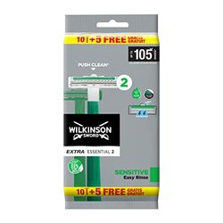 Wilkinson Sword Extra 2 Sensitive - Pack de 10 + 5 Maquinillas de Afeitar Desechables - Banda lubricante con Vitamina E para evitar la irritación de la piel - Protección Afeitado Total