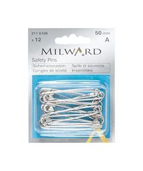 MILWARD Safety Pins, Silver, 50mm, 12 Pieces