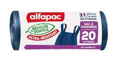 Alfapac - 20 Sacchetti per la Spazzatura 20 l, con Manici Resistenti, Realizzati in Francia - Bimateriale Riciclato e vegetale