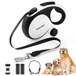 WRSOMIT Guinzaglio retrattile per cani con cavo a prova di masticazione, 6,8 m, resistente, per cani di taglia piccola, media e grande fino a 50 kg, nessun groviglio, freno con una sola mano, bianco