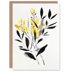 Artery8 Greeting Card Abstract Botanical Yellow Black Leaves Fronds Blank For Him Or Her Art Birthday Card