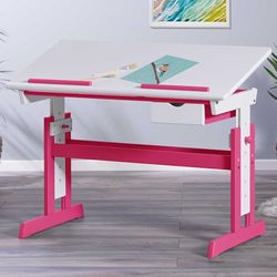 Inter Link - Bureau réglable en hauteur - Bureau pour enfants, élèves - Pupitre inclinable - Support pour livres - Bois massif laqué blanc - Applications en rose - Rose / Blanc
