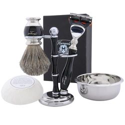 Fatto a Mano Set da Barba da Uomo Inclusi Nero Puro Pennello da Barba in Tasso, 5 Rasoio, Ciotola Rasatura con Sapone e Porta Pennelli