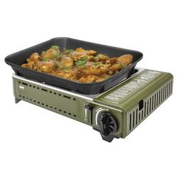 Amig - Camping Gas | Cocina Portatil | Kit Hornillo Grill - Parrilla Fundicion Aluminio + Plancha Con Tapa Cocción | Con Bandeja Recoge Grasas De Acero Inoxidable | 1,8 Kw Potencia