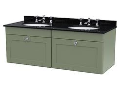 nuie Wall Hung 2 Drawer Unit & 3 Tap Hole Double Marble Top with Round Basin, 1200mm, Satin Green/Black