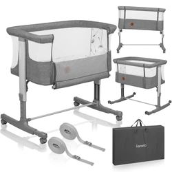 lionelo Aurora 3 en 1 Lit bébé jusqu'à 9 kg Cododo, Berceau Réglage de la Hauteur et de l’Inclinaison du Matelas 4 roulettes avec Freins Matelas Ergonomique Sac (Grey)