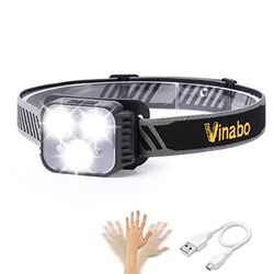 Vinabo Oplaadbare hoofdlamp, led-hoofdlamp, zeer krachtig, bewegingsmelder, 6 verlichtingsmodi, verstelbaar, waterdicht, licht, voor kamperen, fietsen, hardlopen [energieklasse A+++]