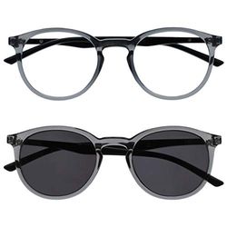 OPULIZE Met Twin Pack Reading Glasses With Reading Sunglasses Large Round Grey Black Mens Womens Spring Hinges RS60-7 +2.50