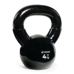TREXO Kettlebel 4 kg gietijzer met vinylcoating voor veelzijdige oefeningen thuis en gym dumbbell professionele zwarte bal halter VKB04