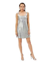 Koton Women U Neck Strappy Metallic Mini Party Dress, 038 (silver), L