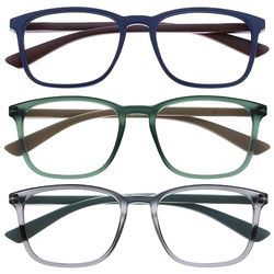 OPULIZE Max Occhiali da Lettura - Confezione da 3 - Montatura Classica Rettangolare Grande - Blu Opaco Verde Grigio - Uomo Donna Unisex - RRR78-367 - +3.50