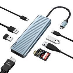 USB C Hub, YLSCI 9 en 1 USB C Dock con 4K HDMI, 3 USB 3.0, 1 USB 2.0, 1 USB C 3.0, 100W PD, Lector de Tarjetas SD/TF, Compatible con Apple/Surface/DELL/Lenovo/Samsung, Windows 10,8,7,XP/Mac OS/Linux