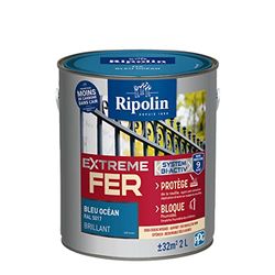 RIPOLIN - Peinture pour Fer Extérieur - Glycéro Antirouille - Sous-couche intégrée - Application directe sur Rouille - Résistante aux Intempéries, UV et Chocs - Brillant - 2L - Bleu Océan RAL 5017