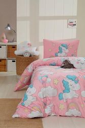 Nuit Des Rêves Single Quilt Cover Set (135 x 200 cm), 70% bomull/30% polyester, rosa/vit/blå | Kan tvättas i maskin, 120 trådar, knapp & Envelope Closure | Mysig & snygg sängkläder
