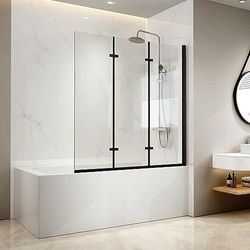 EMKE Zwarte douchewand voor badkuip, 130 x 140 cm, 3-delig, opvouwbare douchewand voor badkuip, douchewand, badkuip, 6 mm veiligheidsglas, opzetstuk voor badkuip