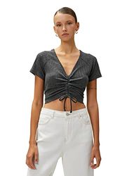 Koton Dames Crop V-hals Shirred Detail T-shirt, zwart (999), M