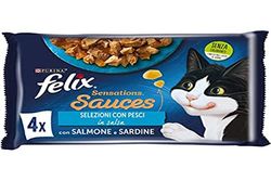 Purina Felix Sensations Sauces Natvoer voor katten met zalm en garnalen, met sardines en wortelen, 48 zakjes à 85 g