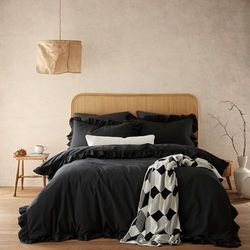 Style Sisters Ruffle Frill Washed 200 Thread Count Cotton Double Duvet Cover Set with Pillowcases Black