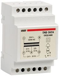 VEMER VN321600 TMD 30/24 - Transformador de eletricidade de calha DIN para serviço descontínuo, ideal para campainhas, cioffones, alarmes, portas automáticas, 230 V/12 - 24 V, potência 30 VA, branco