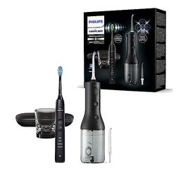 Philips Sonicare snoerloze Power Flosser 3000-monddouche en DiamondClean 9000 elektrische tandenborstel – reinigt tanden en tandvlees en verwijdert tandplak, zwart gekleurd (model HX3866/43)