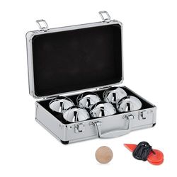 Relaxdays Set di Bocce da Gioco, 6 Sfere in Acciaio D: 72 mm, Boccino, Misuratore Distanza, Custodia Rigida, Argentato