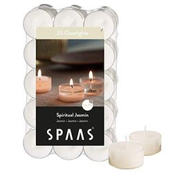 Spaas 30 Scented Clearlights, Tealights in Transparent Clear Cup, 4.5 Hours, Spiritual Jasmine