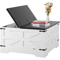 VEVOR 80 cm boerderij salontafel, scharnierende vierkante salontafel met groot opbergvak, houten rustieke cocktailtafel voor woonkamer, slaapkamer, appartement, studio, grijs en wit