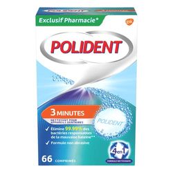 Polident Nettoyant 3 Minutes, Pour Prothèses Dentaires Partielles ou Complètes, Action Rapide, 66 Comprimés