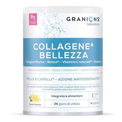 GRANIONS | Collagene Marino Con Acido Ialuror + BELLEZZA - 9g Collagene in Polvere - 320 mg Vitamina C Naturale, Biotina e Enotera - Pelle Idratata e Articolazioni Forti - Aroma Naturale Limone, 250g