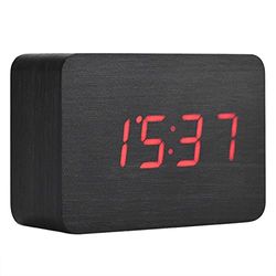 Reloj Despertador Reloj Digital Reloj electrónico de Madera con Pantalla LED de Temperatura Reloj de cabecera con Control de Sonido Reloj Digital sobremesa(Madera Negra + luz roja)