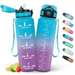 HoneyHolly Botella Agua 1 Litro, Botella Agua Gimnasio sin BPA con Marcador de Tiempo, Plastico Cantimplora Deportiva Motivacional, con Pajita, Cantimplora para Gimnasio, Colegio, Bicicleta