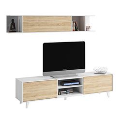 Móveis de sala de estar, sala de jantar, módulo TV prateleira, modelo Zaiken Plus, cor branco brilho e carvalho canadense, medidas: 180 cm (largura) x 51 (altura) x 41 cm (fundo)