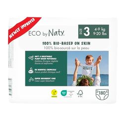 ECO by Naty Couches Ecologiques pour Bébé - Couches écologiques à base de plantes, parfaites pour la peau sensible de bébé et qui empêchent les fuites (Taille 3 - 180 couches) - Pack 1 mois