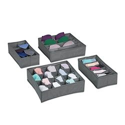 Relaxdays Organiseur sous-vêtements, 4 pièces, Système Rangement boites pour Armoire, pour Chaussettes, Gris Clair