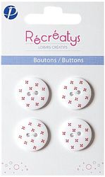 Récréatys 7123 18 17 - Confezione di 4 Bottoni in Nylon, Motivo: Fiore Rosso su Sfondo Bianco, 18 mm