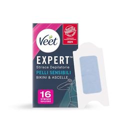 Veet Expert Strisce Depilatorie Ascelle e Zona Bikini, Ceretta per Pelli Sensibili con Olio di Mandorla, Dermatologicamente Testate, 16 Strisce (8x2 Strisce) + 3 Salviette Post-Epilazione