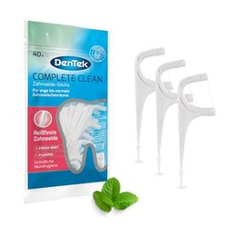 Dentek Complete Clean Patyczki z nicią dentystyczną – odporne na rozerwanie – czyszczenie przestrzeni międzyzębowych – smak miętowy – fluor – skrobak do języka – wykałaczka, 1 x 40 szt.