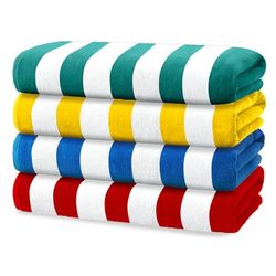 Kaufman - Bright Colored Beach Towels | 100% Cotton Oversized Large Beach Towel | Cabana Striped Towels for Beach/Pool/Hot Tub | Lightweight Velour Beach Towels Set | 30" x 60" | 4 Pack