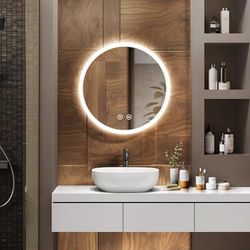 EMKE Specchio da bagno con illuminazione, diametro 50 cm, specchio rotondo con interruttore tattile, anti-appannamento, funzione di memoria, luce calda/bianca fredda/neutra