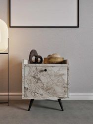 Elegant nattstativ med Ephesus marmorfinish, 50 cm B x 55 cm H x 40 cm D | 100% melaminbelagd, PU-läderhandtag, träben, flera hyllor