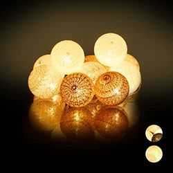 Relaxdays Guirlanda de luzes com 10 bolas LED a pilhas, algodão-poliéster, branco-cinzento-castanho, 6 cm de diâmetro